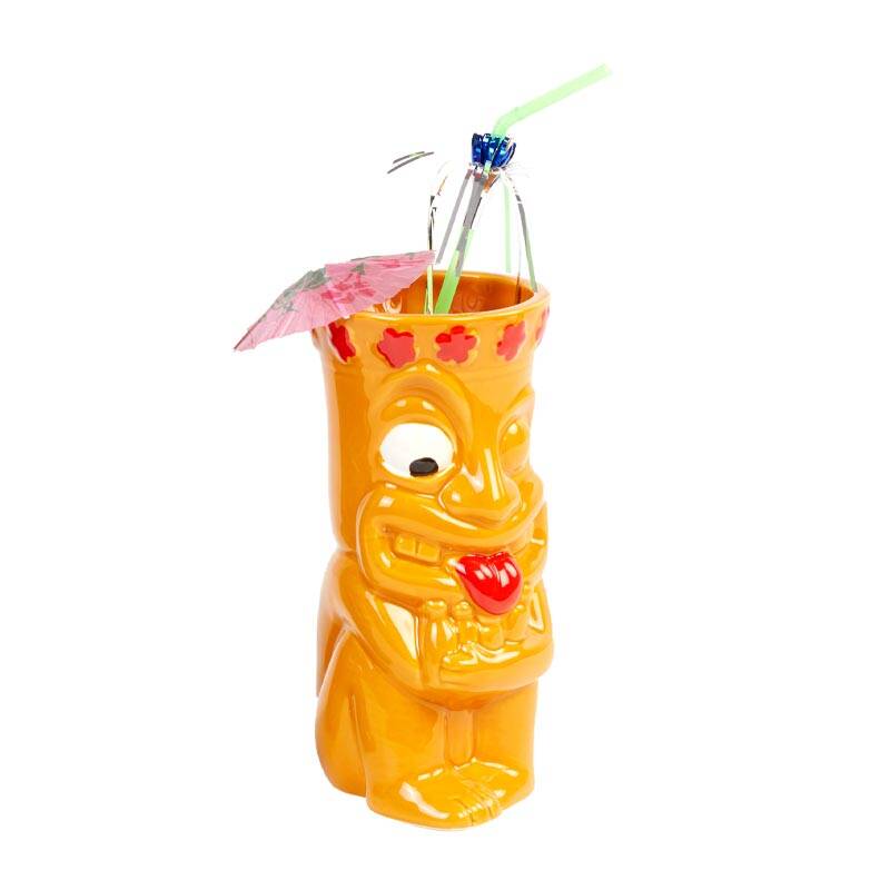 Biradlı GRV-20204 Seramik Tiki Mug Kokteyl Bardağı, 460 cc, 7.5x18 cm, Sarı - 1